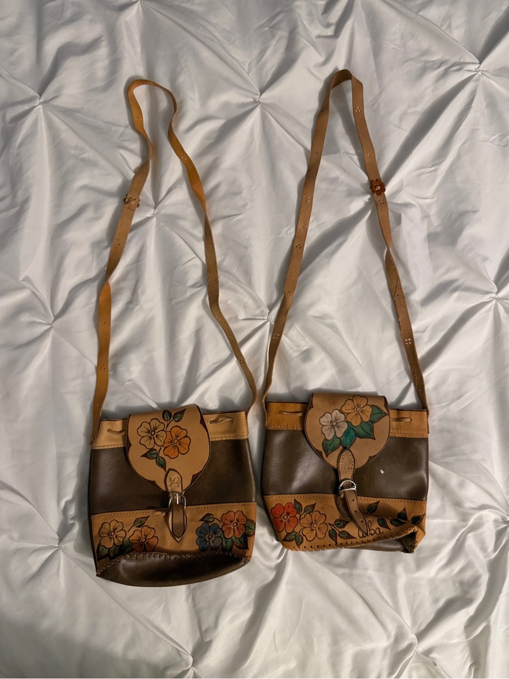 Set of 2 Vintage Buckle Leather Hand-Painted Floral Brown & Tan Crossbody Bag